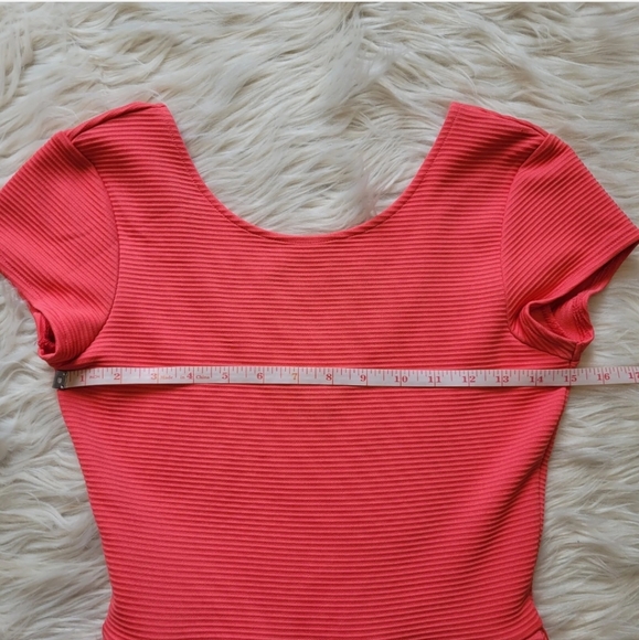 French Connection Dress Sz 4 Ribbed Stretch Fit & Flare Pink Coral Peach Pocket - Picture 5 of 9